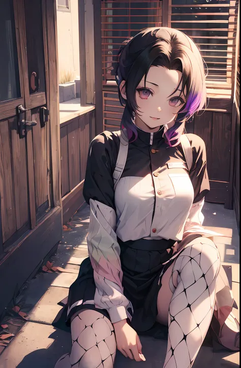 masutepiece, Best Quality, hight resolution, 1girl in, 独奏, kochou shinobu, Decorate your hair with butterflies, violet eyes, Multi-colored hair, Short hair, Parted bangs, Short shorts, Spread your legs apart, skirt by the, Turtleneck Top, outside of house,...