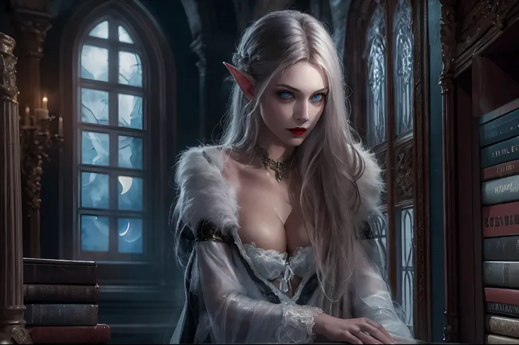 a picture of vampire elf in her castle, an exquisite beautiful female vampire elf in her library,  full body (ultra detailed, Masterpiece, best quality), ultra detailed face (ultra detailed, Masterpiece, best quality), grey skin, blond hair, hair in a pony...