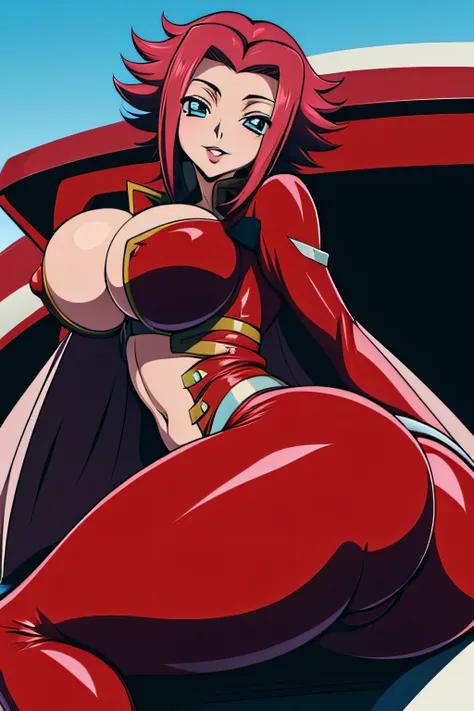 Code Geass, Kallen Kozuki, 1girl, (((bimbo))), puffy lips, painted lips, thick lips, wide hips, thick thighs, big breast, huge ass, revealing cleavage, erotic, Smile face, bubble butt, camel toe, Breasts, Red pilot suit, laying on car hood, nipples, badass...