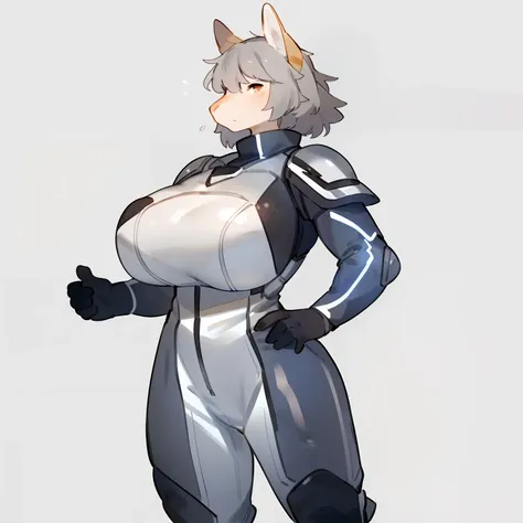 By bebebebebe, by spuydjeks, by buta99, by spikedmauler, solo, standing, female, ((hair, snout)), muscular, steel chest piece, metal shoulder pads, ((silver spacesuit under armor)), (((silver))), big breasts,