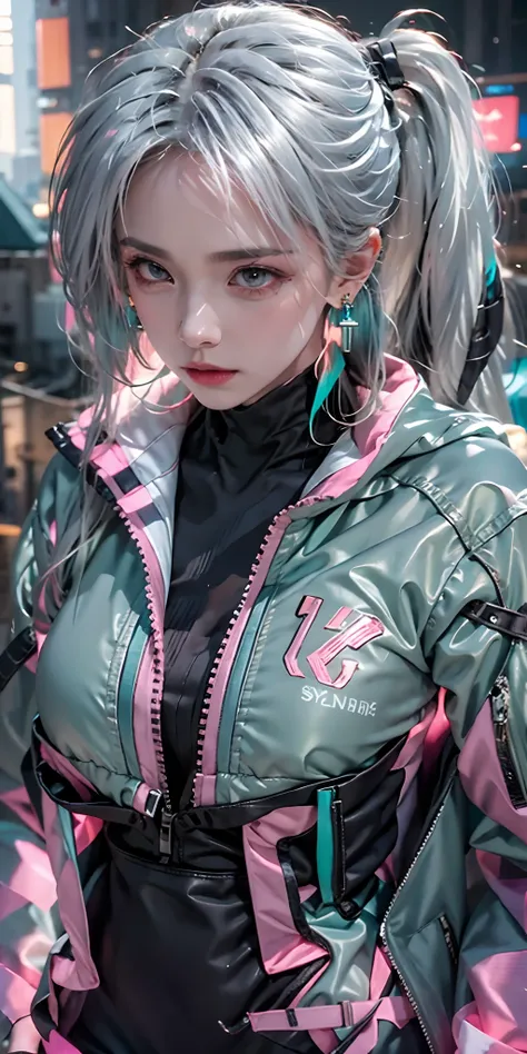 (masutepiece, Best Quality, Night:1.4), (Cowboy Shot, Silver hair:1.9), 8K, absurderes, Beautiful Girl, (wearable computer:1.4), Cyberpunk, Cybergoth, (cyberpunkoutfit, fluorescence pink accent, glowing pink lines on short jacket:1.5), neons, bracelets and...