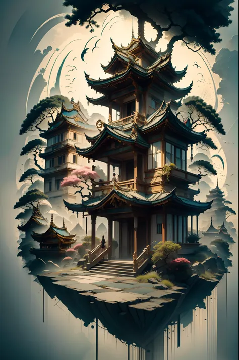 absurd, high resolution, ultra-detailed, (1 girl:1.3), broken, design a beautiful temple scene, intricate architecture, lush gar...