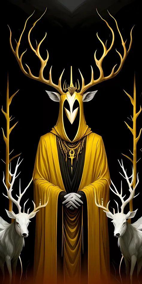 a surrealist paint splash painting，a spooky god in a cloak and mask，deer antlers，tiara crown，in the background is a magnificent ...