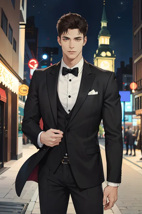 Realistis（absurderes，A high resolution，ultra - detailed，realisticlying，），1 male，独奏，AS-Adult，mature，Tall muscular man，broad shoulder，handsome，Very short hair，brunette color hair，with brown eye，Angular chin，Thick neck，thick eyebrow，natta, deep colour, Night ...