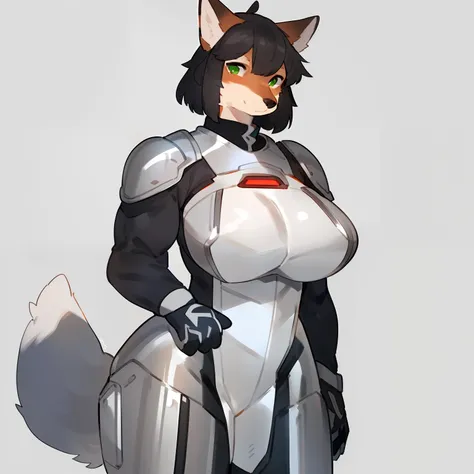 By bebebebebe, by spuydjeks, by buta99, by spikedmauler, solo, standing, female, ((hair, snout)), (((muscular))), steel chest piece, metal shoulder pads, ((silver spacesuit under armor)), (((silver))), big breasts, silver knight armor, canine, red fox, bla...