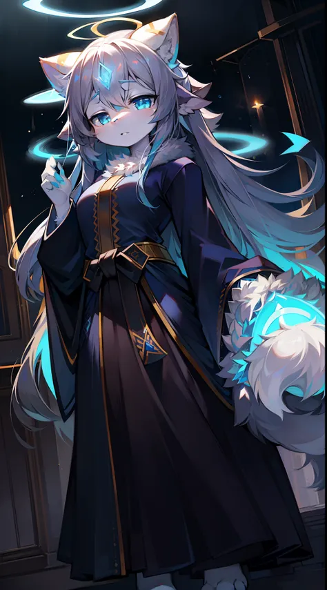 chies，Robe，Big-tailed wolf，blue color eyes，grey long hair，Halo light wings