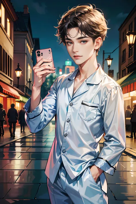 (absurdres, highres, ultra detailed, HDR), masterpiece, best quality, 1boy,12yo, handsome, short hair, finely eye and detailed face, satin pajamas, material is shiny, dimple, forehead, night street, night city, midnight, selfie shot, light smile, full body