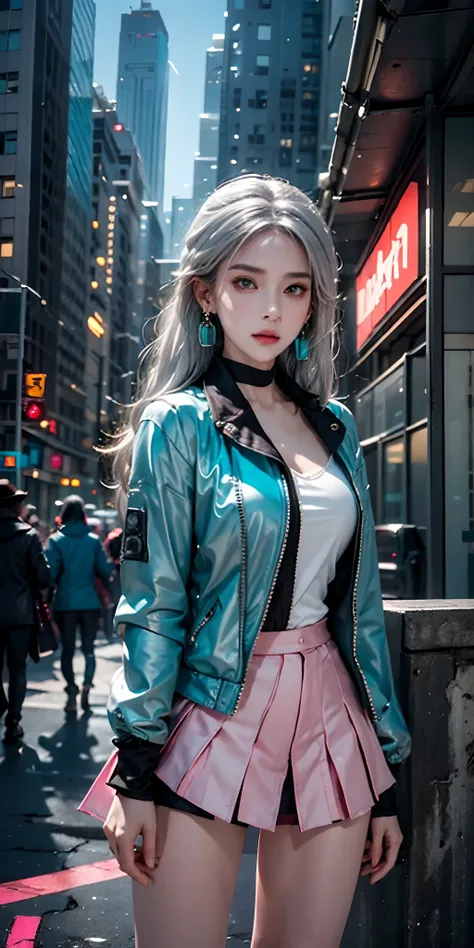 (masutepiece, Best Quality, Night:1.4), (Cowboy Shot, Silver hair:1.9), 8K, absurderes, Beautiful Girl, (wearable computer:1.4), Cyberpunk, Cybergoth, (cyberpunkoutfit, fluorescence pink accent, glowing pink lines on short jacket:1.5), neons, bracelets and...