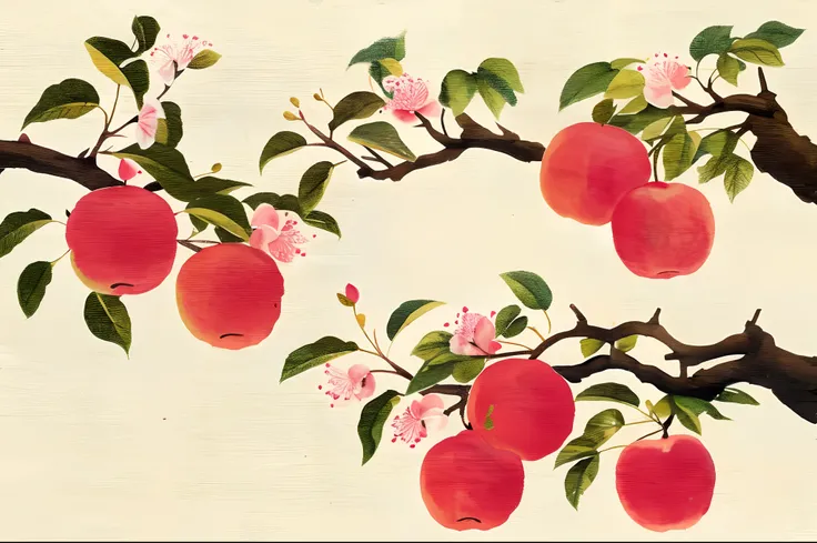 Apple, apple blossom, apple leaf, Chinese ink painting