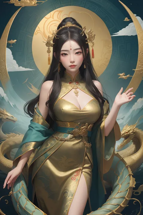 an ancient Chinese goddess, guanyin of the southern seas, Guanyin, Inspired by China, Avalokiteshvara rides a dragon，,Serene expression,shui mo hua,Buddha,Buddhist,Lotus,Chinese painting style,Thangka style