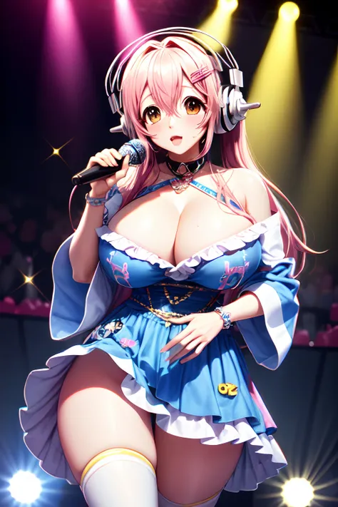 masterpiece,best quality,detailed,idol stage,microphone,super sonico on stage,adult,gigantic breasts, BREAK super sonico wearing an intricate off shoulder Harajuku goth gal dress BREAK decora,hairclips,(brightly lit stage),(pink,white,blue,yellow tetradic ...