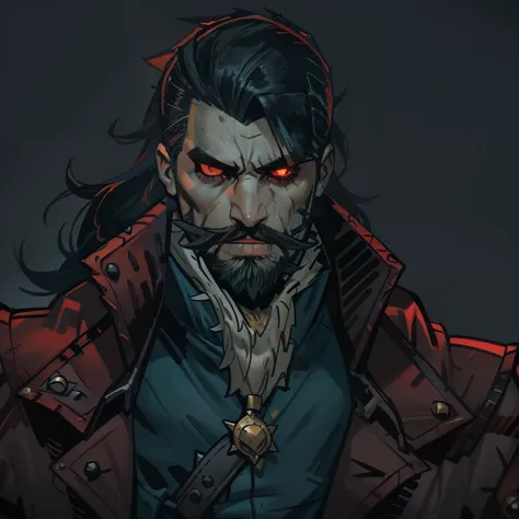 darkest dungeon style, one man, hunk, red dragon mercenary, shoulder long hair, cruel face, short beard, glowing red eyes, dark ...