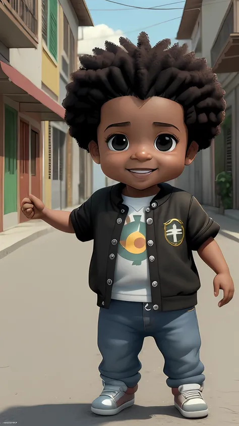 Personagem de desenho animado 3D segurando um pequeno  em uma rua da cidade, menino negro, (afetos faciais detalhados), olhos meigoscintilantes,  (((baby))), arte do filme, tiro limpo, ghailan!, como um personagem pixar, jovem bonito, cabelo afro, grace an...