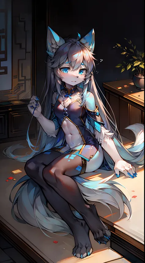 Chinese painting background，Big-tailed wolf，blue color eyes，grey long hair