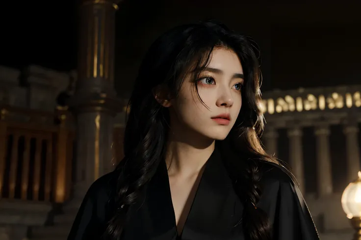 (masterpiece:1.2), (best quality:1.2), hyper realistic,highestres,absurdres,extremely detailed,volumetic,dramatic lighting,
1girl,detailed eyes,face,looking away,wears ritualistic black robe, temple background