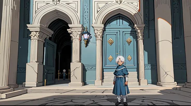 A baby boy 5 years old with white hair and blue eyes playing inside the royal palace, In ancient times, there is guard beside doors and Torches on the walls