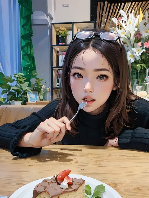 Woman eats a piece of cake on the table with a spoon, A young Asian woman, Profile image, Chinese girl，super cute girls，Bite the spoon in your mouth，Black sweater，There are glasses on the head，Raised sexy，Pure desire，Be red in the face