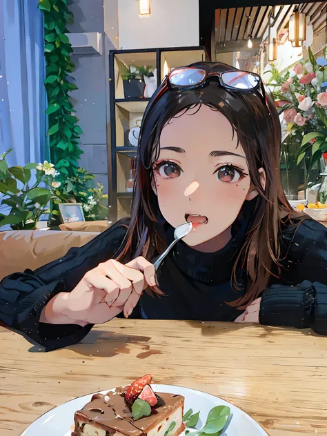 Woman eats a piece of cake on the table with a spoon, A young Asian woman, Profile image, Chinese girl，super cute girls，Bite the spoon in your mouth，Black sweater，There are glasses on the head，Raised sexy，Pure desire，Be red in the face