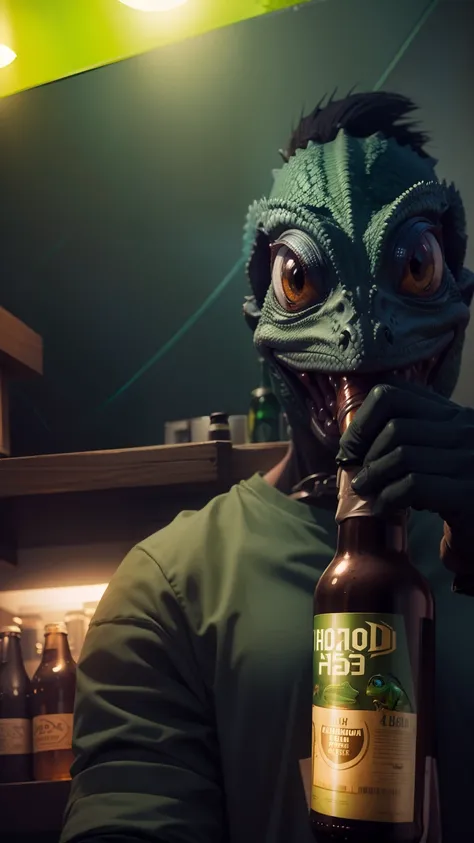 Closeup A humanoid chameleon holding a beer bottle