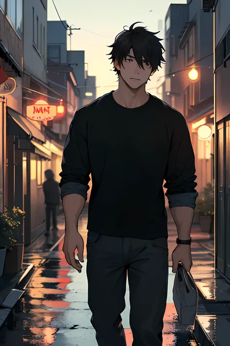 1man,masterpiece,best quality, ultra high res, dusk,cityscape,depth of field, short black messy hair, solo male