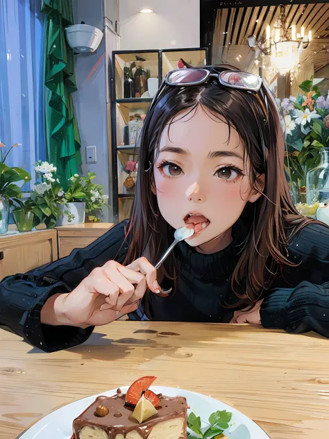 Woman eats a piece of cake on the table with a spoon, A young Asian woman, Profile image, Chinese girl，super cute girls，Bite the spoon in your mouth，Black sweater，There are glasses on the head，Raised sexy，Pure desire，Be red in the face