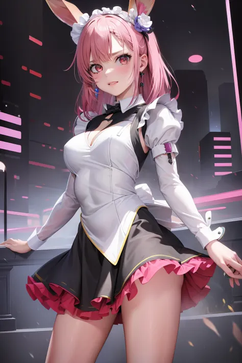 masterpiece, best quality, highres, nm1, cyberpunk maid dress, short skirt, rabbit ears, cowboy shot, standing, colorful hair