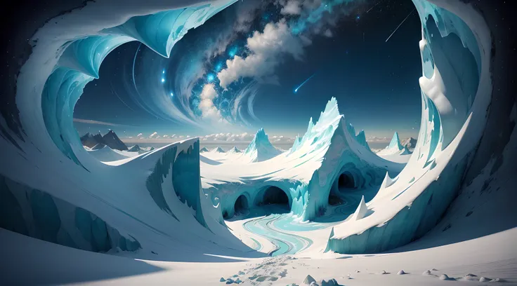 Above the ocean on a tall glacier. Ice cave that resembles a brain. White-crested waves. Clouds. Stars. Planet. Mountains. Solitude. Sci-fi.