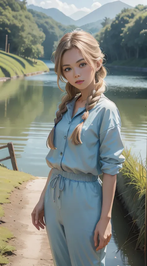 realistic photo, a realistic photo of 22 year girl wearing Lightweight, pastel-colored jumpsuit, Side Braid hair,A rice field with a small wooden bridge crossing over a waterway background, (extremely detailed CG unity 8k wallpaper), photo of the most beau...