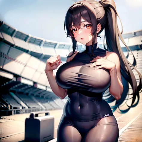 1girll，Black single ponytail，long whitr hair，Track and field wear，In the stadium，Childlike big breasts，Sprint race，Soft breasts，Heavy breasts，full of sweat，Fair skin，Get wet，Extremely large breasts，Extremely heavy breasts，prengant，Secretion of milk