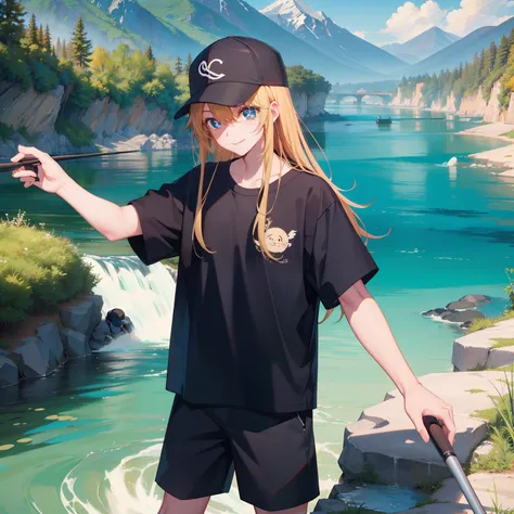 Masterpiece、Top quality 2D art、Wearing a black baseball cap on his head、Holding a fishing rod in hand、1 fishing rod、Cute Fishing Girl、a blond、The long-haired、a smile、a river、mountain stream、fishing