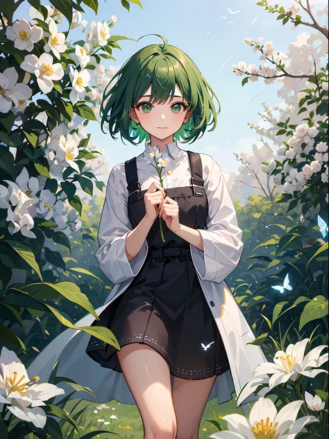 High detail, super detail, super high resolution , girl with short green hair enjoying her time in the open field, surrounded by the beauty of nature, warm sun sprinkling on her, white flowers gently swaying in the breeze. Butterflies and birds flutter aro...