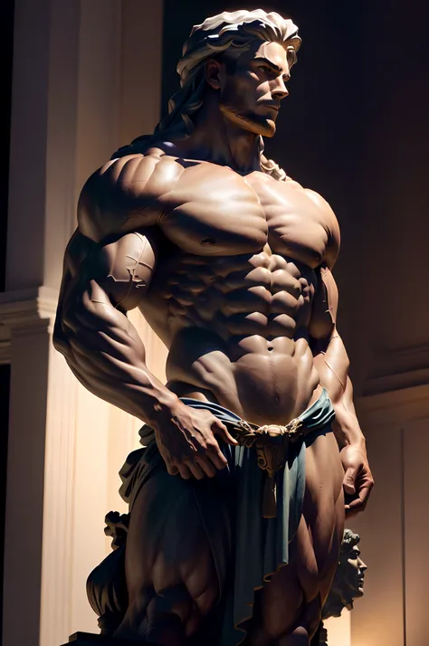 Statue of a man with a muscular body and a large chest, exaggerated muscle physique, muscular character, forte e imponente, Bowed muscles;, corpo do fisiculturista, exaggerated physique, chiseled muscles, large muscles, muscular male hero, tipo de corpo mu...