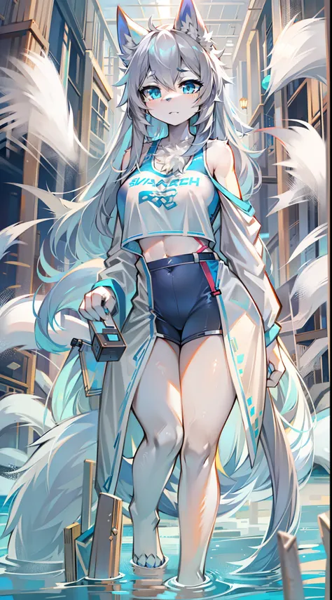 sandbeach，swim wears，Big-tailed wolf，blue color eyes，Gray all over，Female，long whitr hair