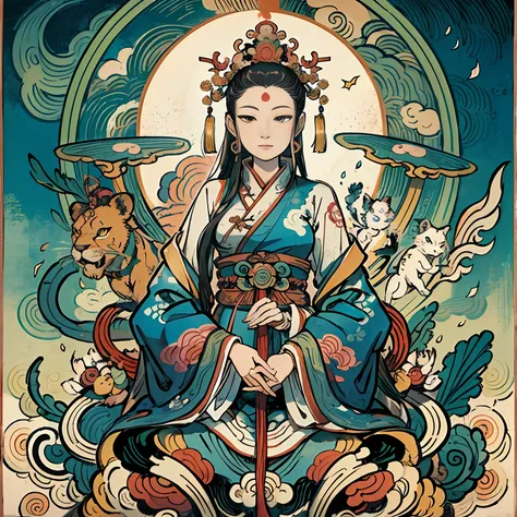 an ancient Chinese goddess, guanyin of the southern seas, Guanyin, Inspired by India, Avalokiteshvara rides a lion，,Serene expression,shui mo hua,Buddha,Buddhist,Lotus,Chinese painting style,Thangka style