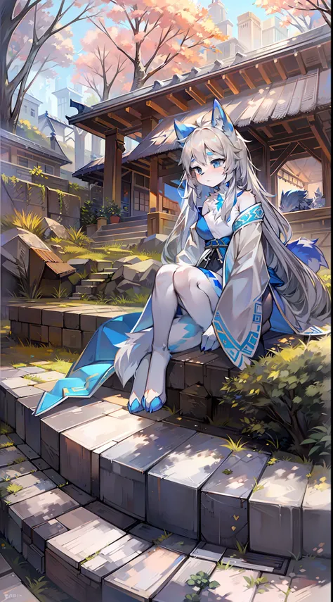 Small pavilion on top of the hill，Big-tailed wolf，blue color eyes，Gray hair，Female