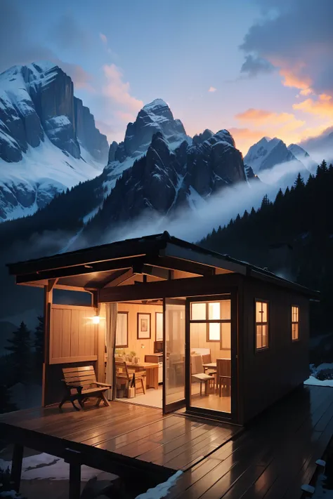 modern 200 sq ft tiny cabin, one sloped roof, big porch with table and chairs under a long extended roof, view from 3 meters above, on the background are mountains, very dark sky, 4k, dramatic light, high details, pastel colors, landscape similar to swiss ...