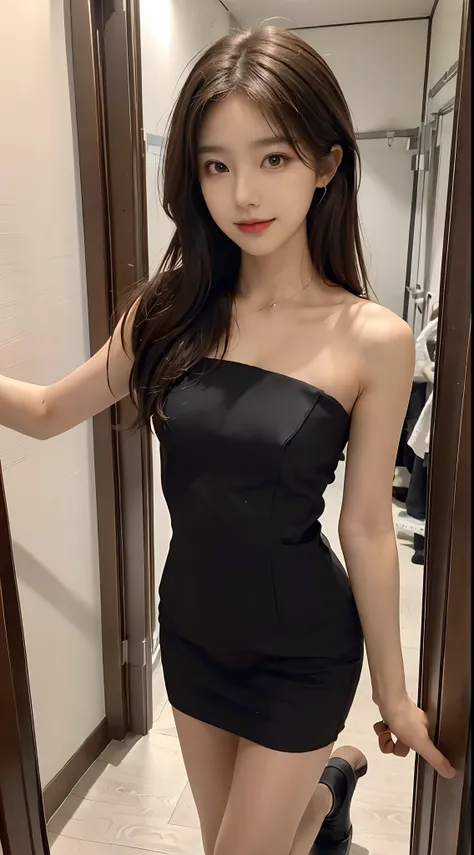 ((Best picture quality, 8K, tmasterpiece: 1.3)), self-shot, Sharp focus: 1.2, A cute beauty with a perfect figure: 1.4, Slim, ((Brown hair black)) , (Small flesh-colored dress，Highly detailed face，Happy expression，standing on your feet：1.2），（（The city of b...