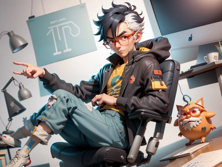 A young man with glasses sits at his desk，holding laptop，digitial painting，3D character design by Mark Clairen and Pixar and Hayao Miyazaki and Akira Toriyama，4K HD illustration，Very detailed facial features and cartoon-style visuals。