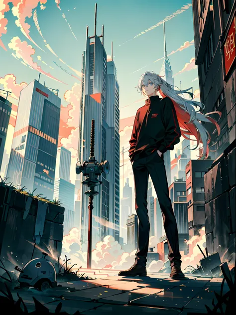 (best qualtiy，tmasterpiece)，One has long white hair、Pretty boy with blue eyes，Wear a sweatshirt、long trousers，Related to socialism and communism，There are signs of hammers and sickles，Red sky and floating clouds，a robot，Buildings，scifi style，view over city...