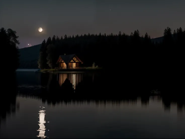 the night，Look from afar，A full moon in the sky，Under the moonlight is the calm surface of the lake，The reflection of the woods by the lake is reflected on the surface of the lake，There is a simple wooden house in the woods by the lake，The windows of the w...