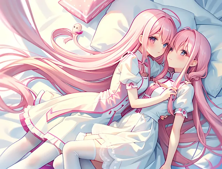 2girls，Girl1：adolable，A pink-haired，long whitr hair，white stockings，white dresses，girl 2：adolable，A pink-haired，long whitr hair，white stockings，white dresses。Kiss and cuddle