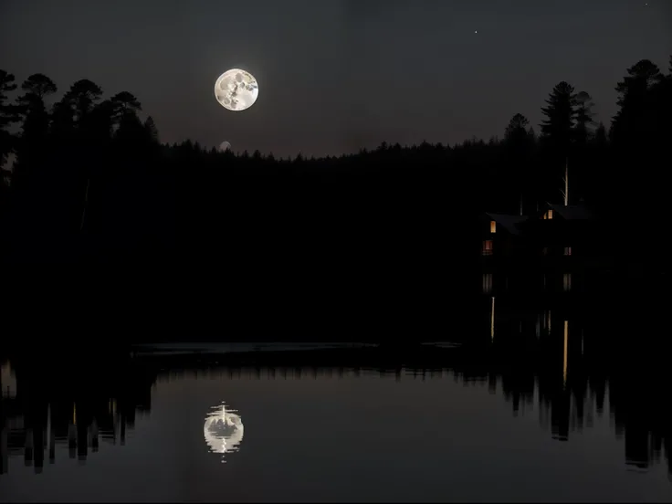 the night，Look from afar，A full moon in the sky，Under the moonlight is the calm surface of the lake，The reflection of the woods by the lake is reflected on the surface of the lake，There is a simple wooden house in the woods by the lake，The windows of the w...