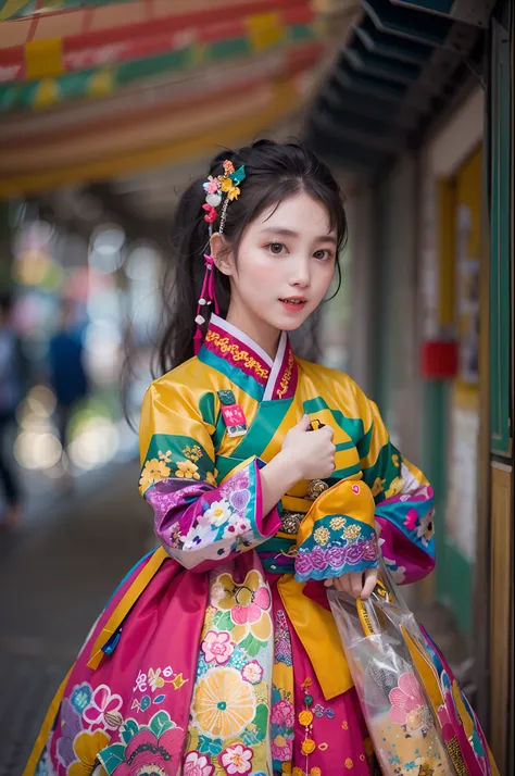 Beautiful girl wearing a Korean hanbok with vibrant colors and intricate patterns.