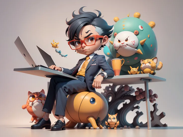 A young man in a suit, Short hair and glasses sat at his desk，holding laptop，digitial painting，tigre，3D character design by Mark Clairen and Pixar and Hayao Miyazaki and Akira Toriyama，4K HD illustration，Very detailed facial features and cartoon-style visu...