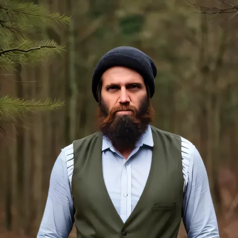 PiroxiumRealism style, a man with a beard and a vest in a forest looking at the camera with a serious look on his face, Andrew Domachowski, rpg portrait, a character portrait, private press