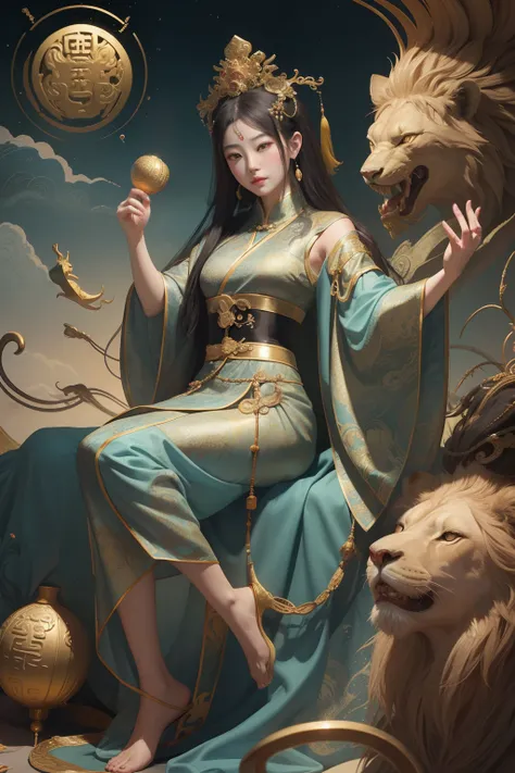 an ancient Chinese goddess, guanyin of the southern seas, Guanyin, Inspired by China, Avalokiteshvara rides a lion，,Serene expression,shui mo hua,Buddha,Buddhist,Lotus,Chinese painting style,Thangka style