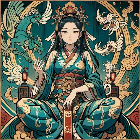 an ancient Chinese goddess, guanyin of the southern seas, Guanyin, Inspired by India, Avalokiteshvara rides a phoenix，,Serene expression,shui mo hua,Buddha,Buddhist,Lotus,Chinese painting style,Thangka style