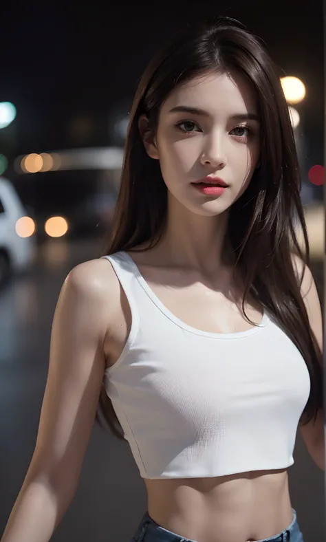 ((Realistic lighting, Best quality, 8K, Masterpiece: 1.3)), Clear focus: 1.8, 1 Pretty girl, Perfect beauty: 1.4, Slim abs: 1.1, ((Dark brown hair)), (White crop top: 1.4), (Outdoor, Night: 1.1), Park view, Super fine face, Fine eyes, Double eyelids,