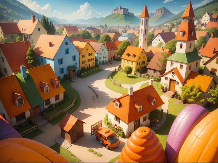 colorful village, where the houses looked so colorful candy. People grew giant carrots and sang funny songs image for childrens book page