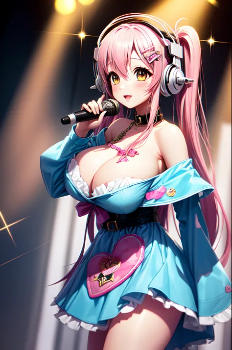 masterpiece,best quality,detailed,idol stage,microphone,super sonico on stage,adult,gigantic breasts, BREAK super sonico wearing an intricate off shoulder Harajuku goth gal dress BREAK decora,hairclips,(brightly lit stage),(pink,white,blue,yellow tetradic ...